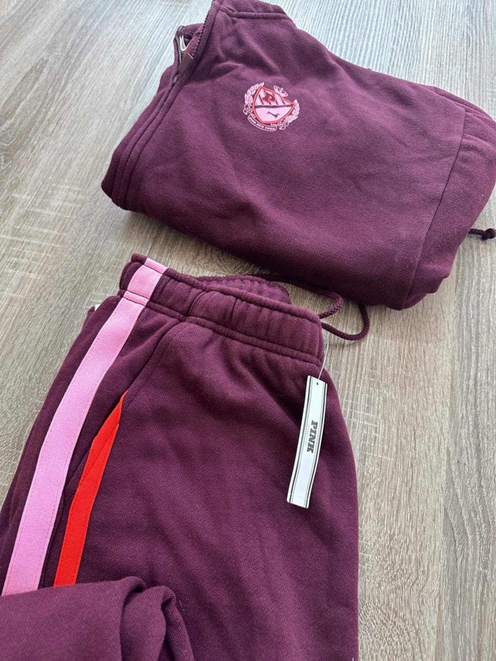 PINK Victoria's Secret Burgundy Joggers with Pink & Red Stripes